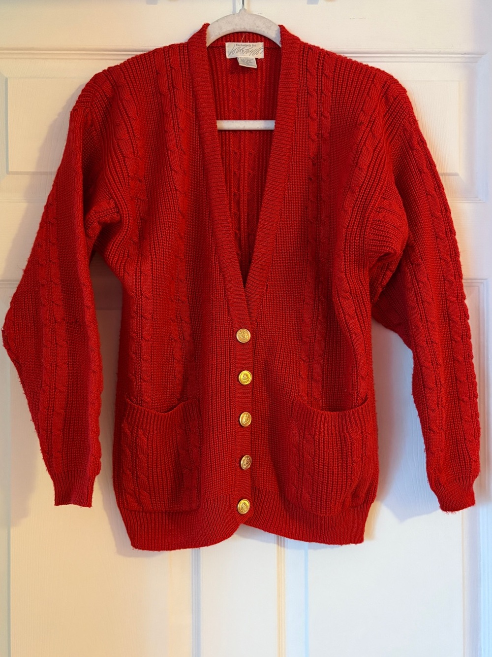 Vintage Lord & Taylor Red Cable-Knit Gold Button Cardigan Sweater
